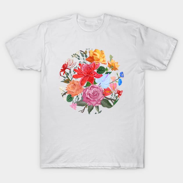 Tropical flowers and roses artistic flower T-Shirt by GULSENGUNEL